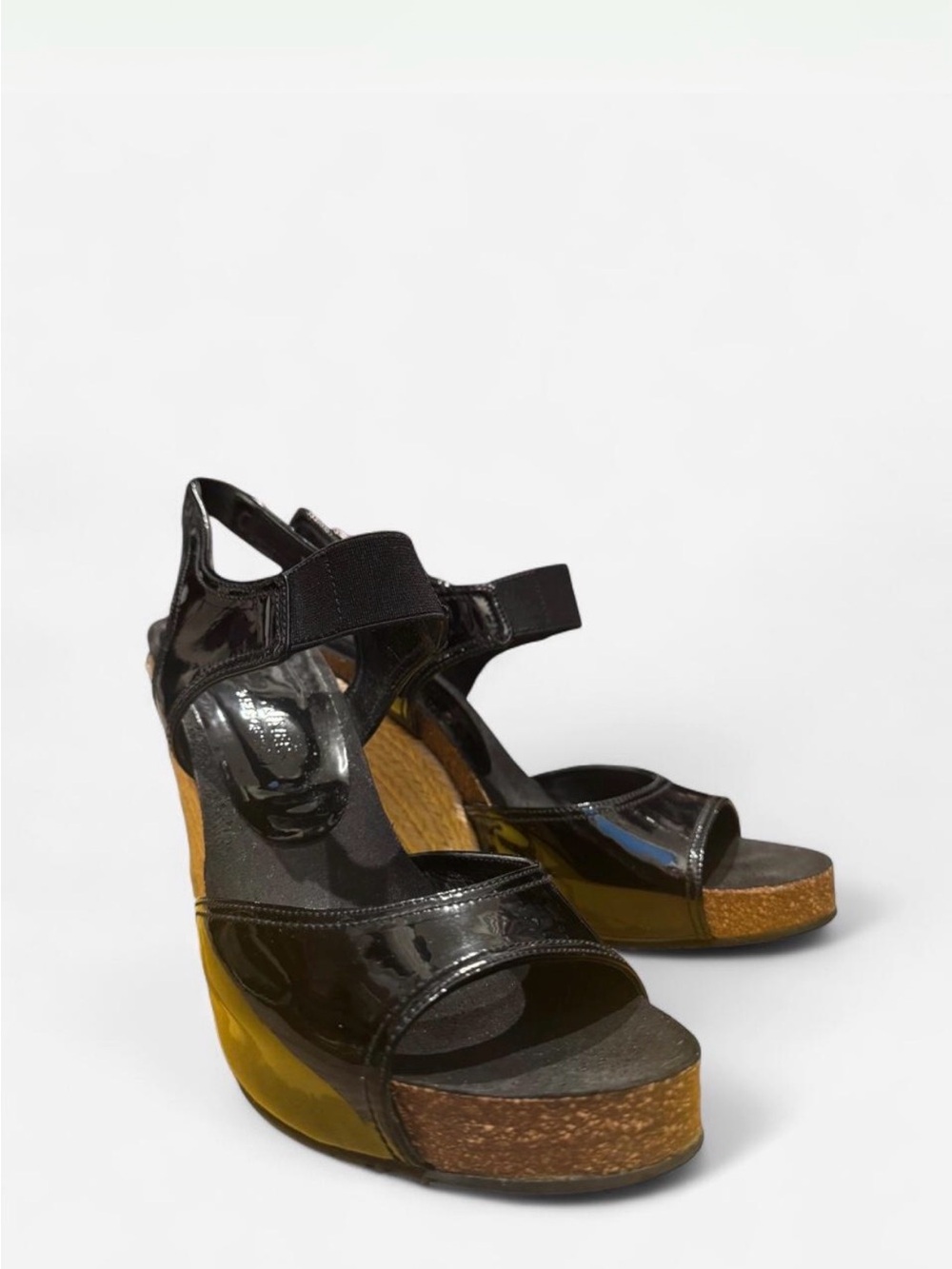 Donald J Pliner Black Patent Wedge Sandals with Espadrilles Platform, 10.5